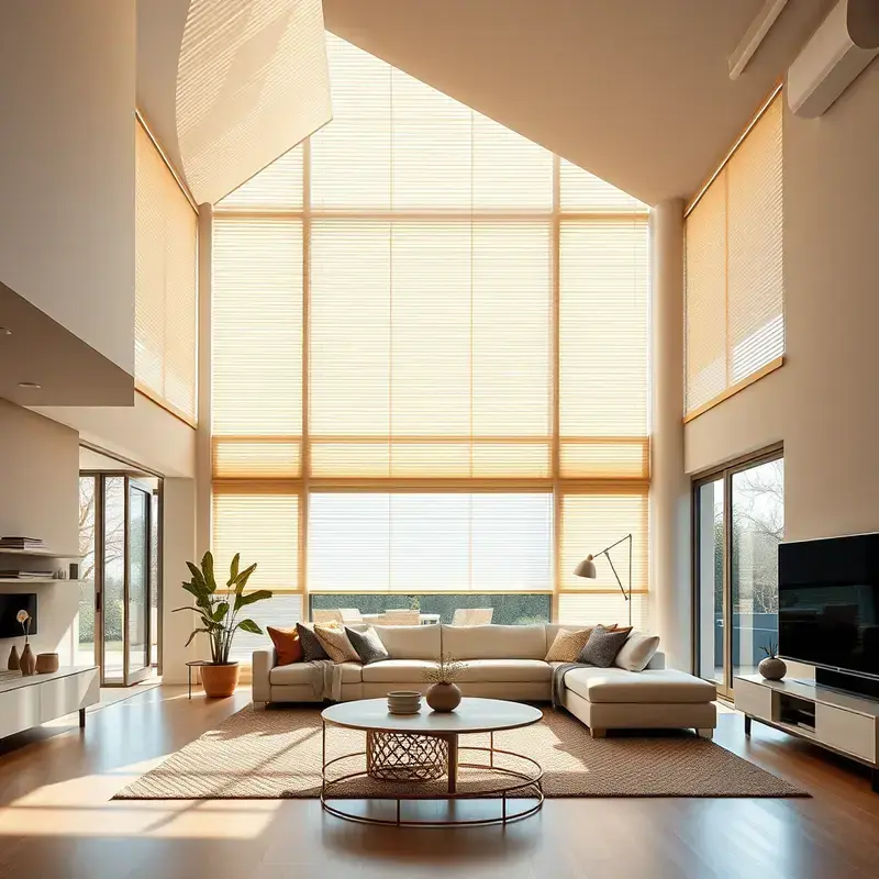 Motorized honeycomb blinds in modern living room