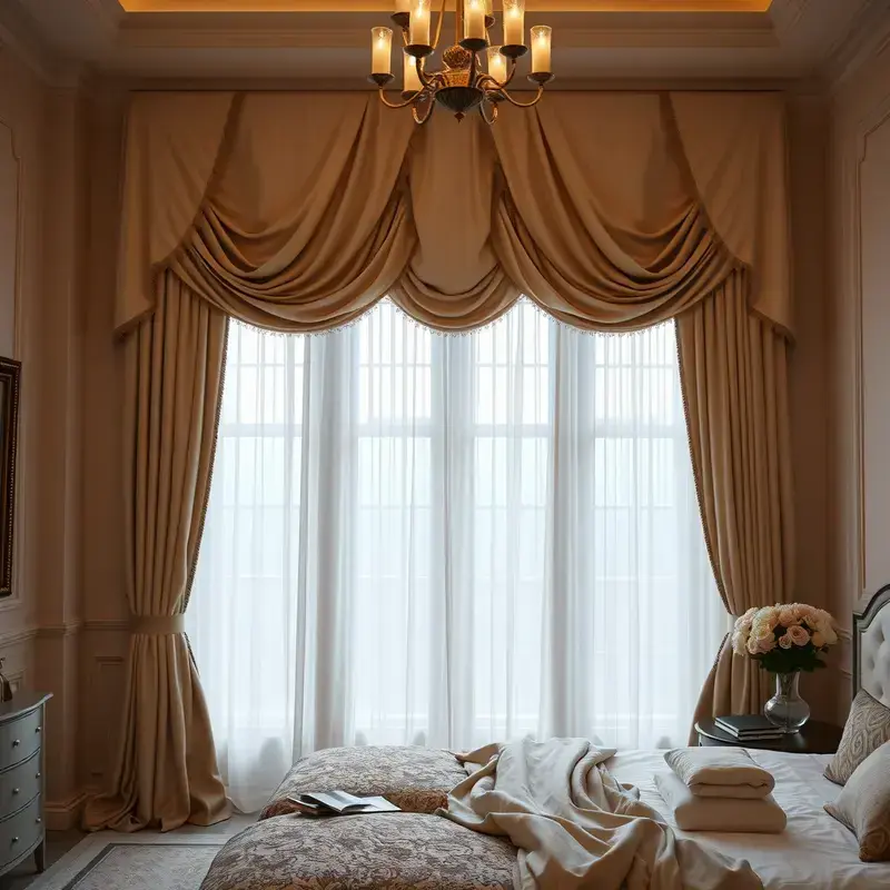 Elegant silk drapes in master bedroom