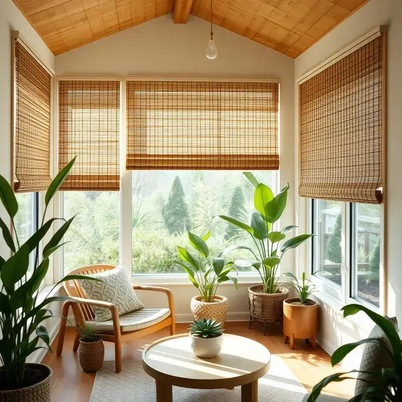 Bamboo woven shades in bright sunroom